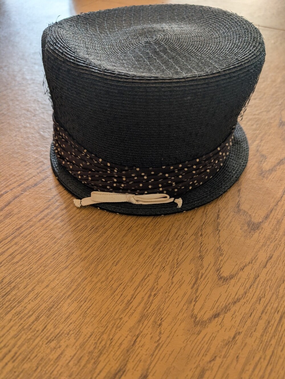 Vintage Black Straw Top Hat with Polka Dot Band, By Doris